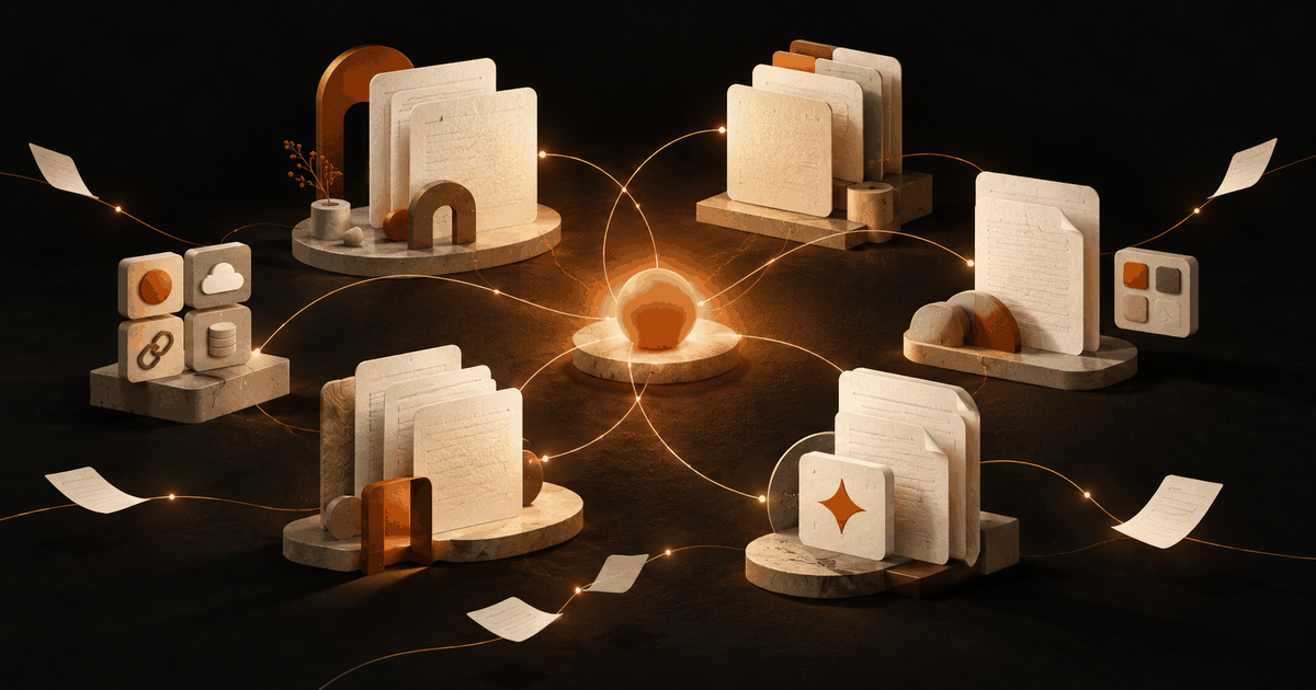 Connected paper forms gather around a glowing center, with pages arriving as invitations.